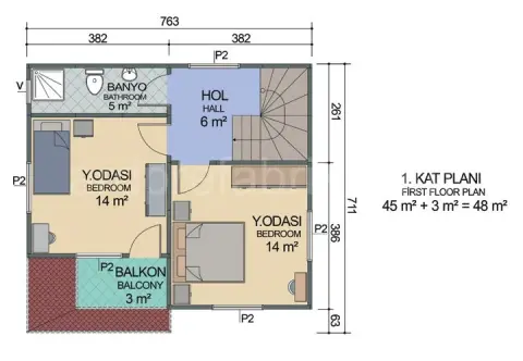 52+48 =100 M2  3+1 DUBLEKS PREFABRİK EV görsel 4